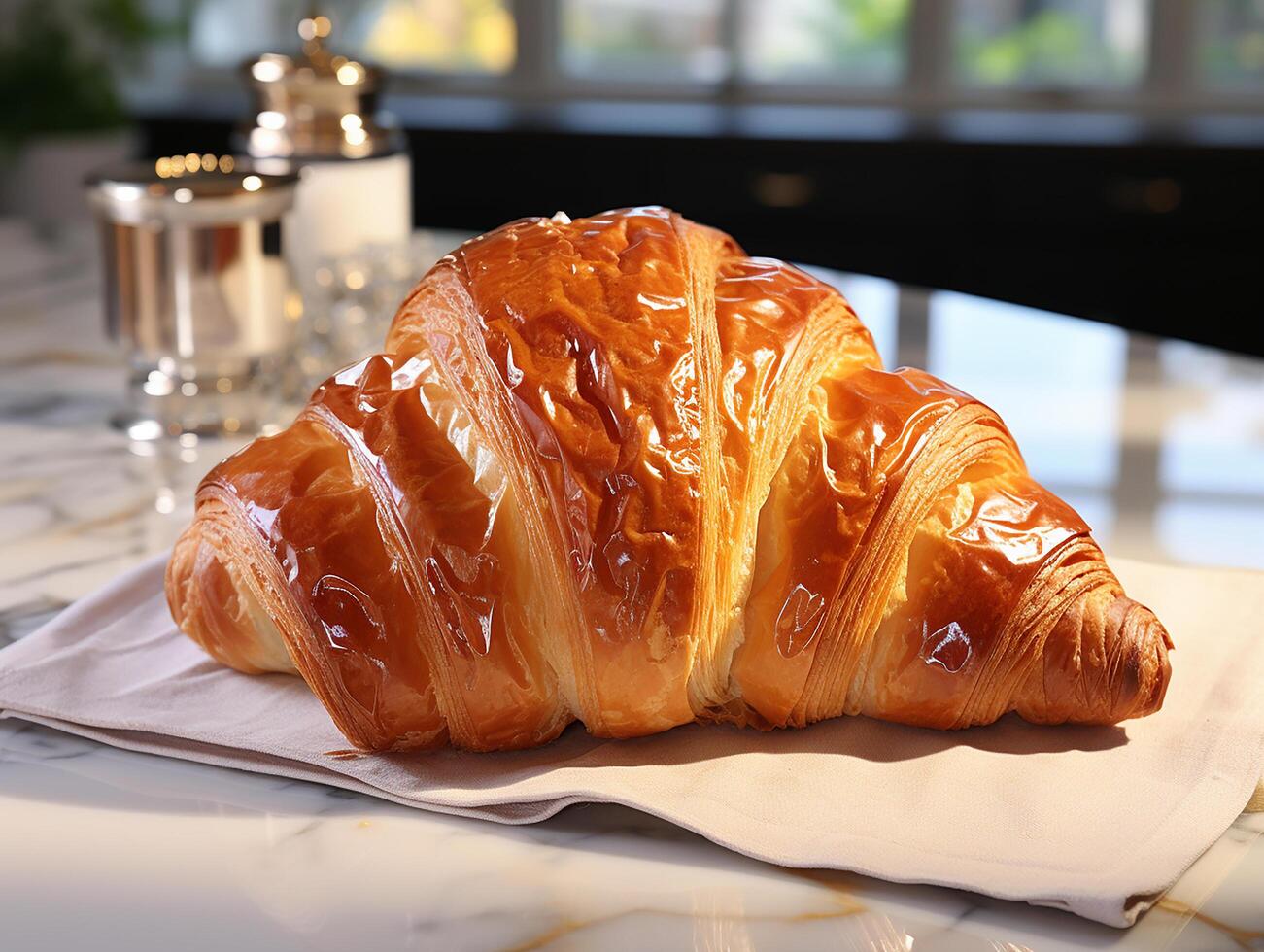 fotografia di francese brioche su il bianca marmo tavolo ai generato foto