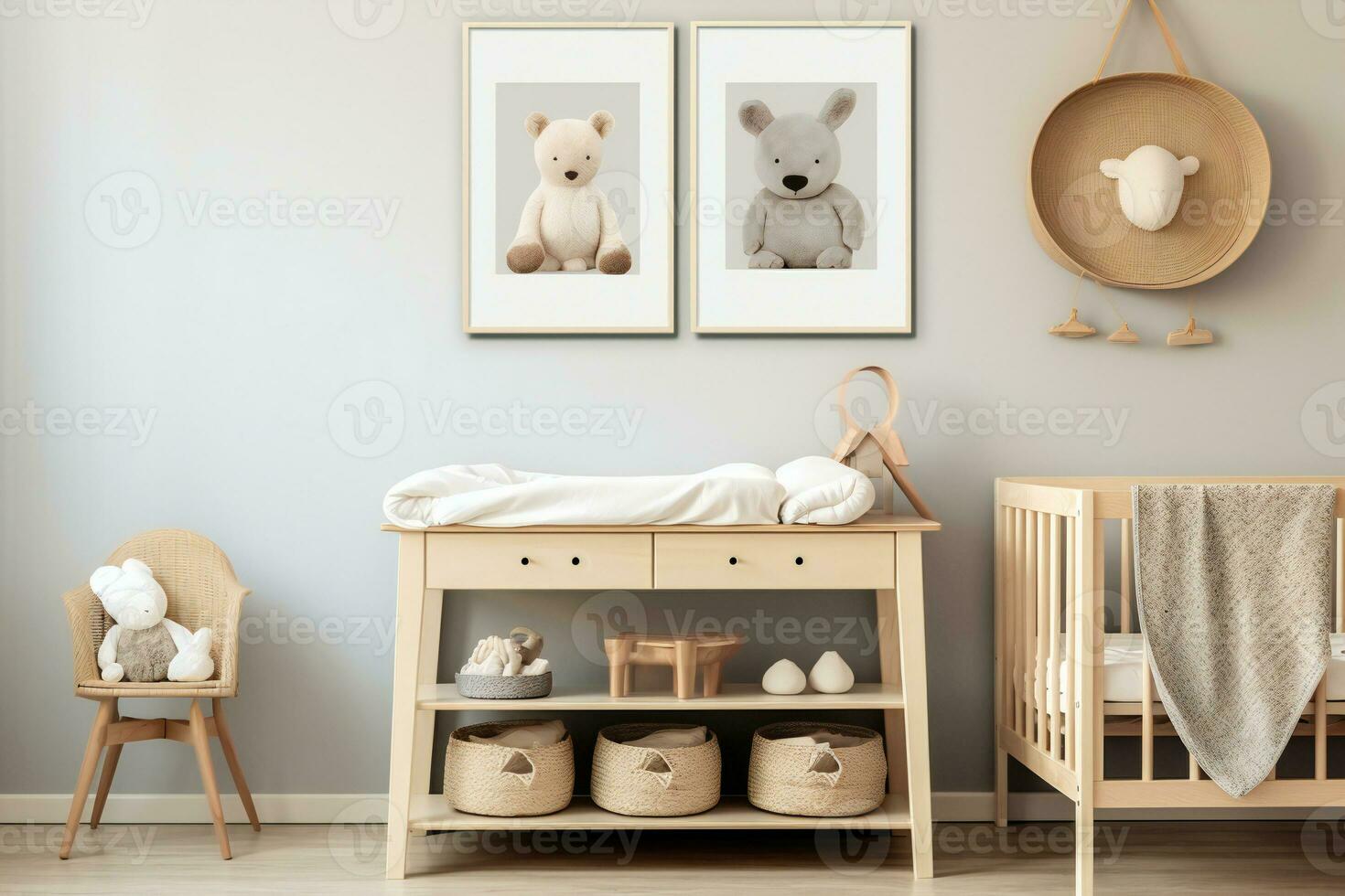 bambino camera interno con culla, poltrona, giocattoli e foto cornici. ai generativo