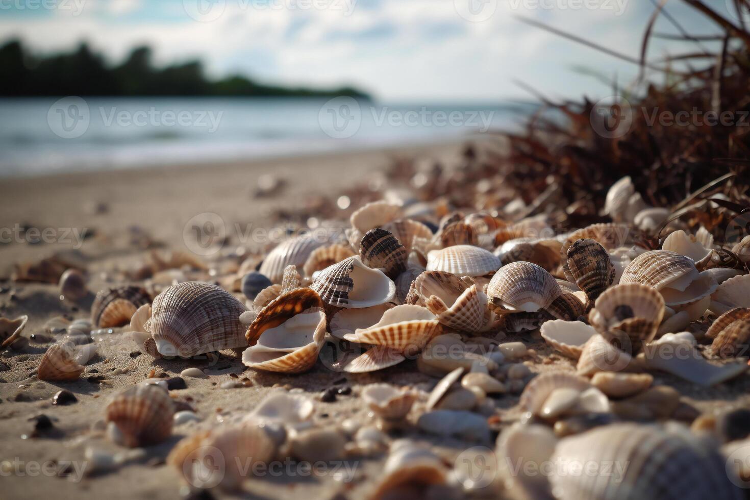 un' spiaggia pieno di conchiglie. ai generativo foto