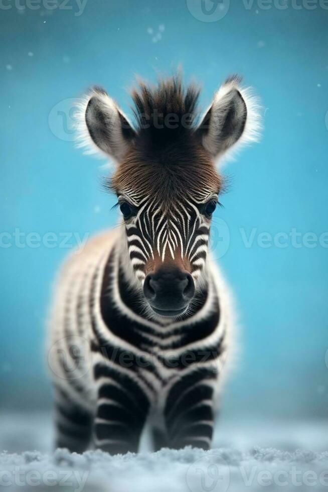 ritratto di un' bambino zebra con un' blu sfondo. ai generativo foto