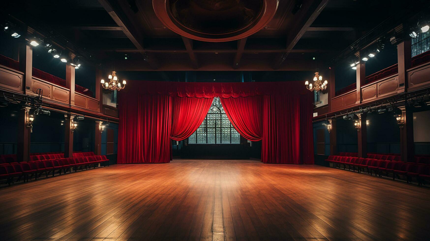 Teatro palcoscenico, con rosso tenda, di legno pavimento, sedie e illuminazione ai generativo foto