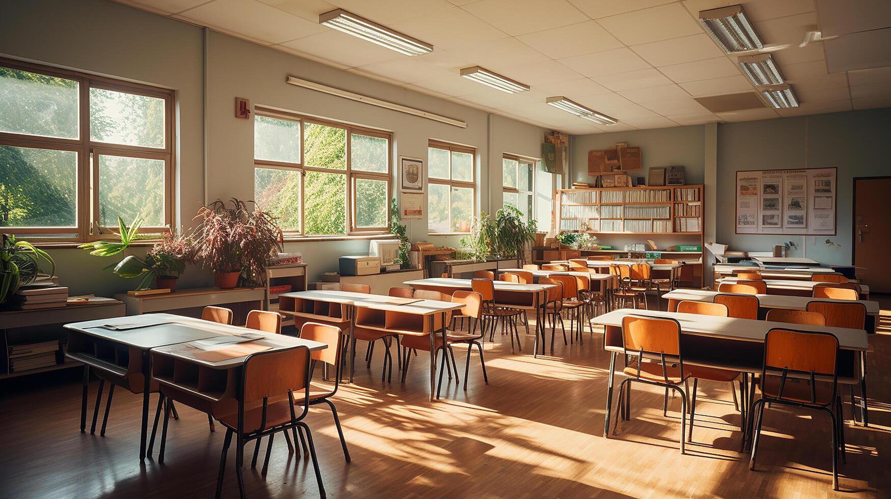 scuola classe nel luce del giorno. pulito interno con lavagna, cassetto, sedie e tavoli ai generativo foto