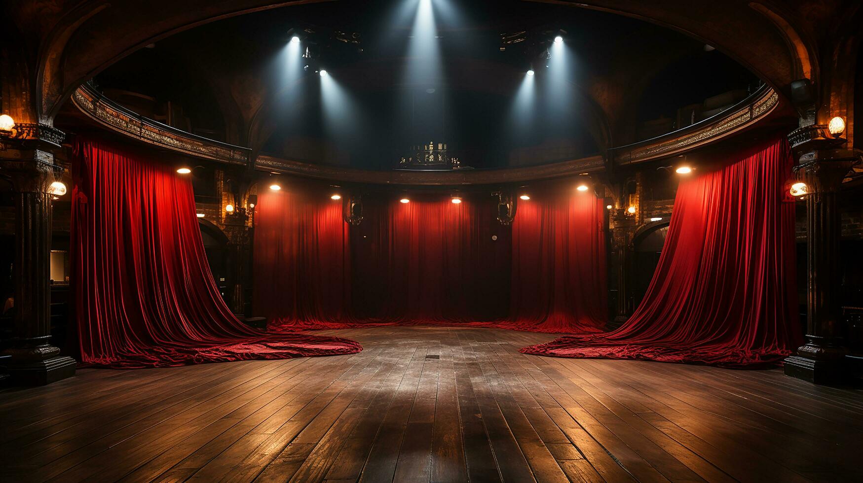 Teatro palcoscenico, con rosso tenda, di legno pavimento, sedie e illuminazione ai generativo foto