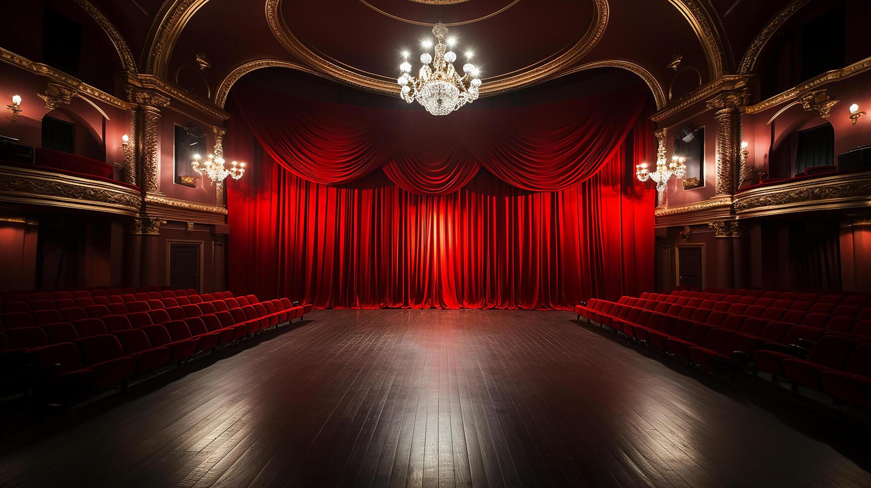 Teatro palcoscenico, con rosso tenda, di legno pavimento, sedie e illuminazione ai generativo foto