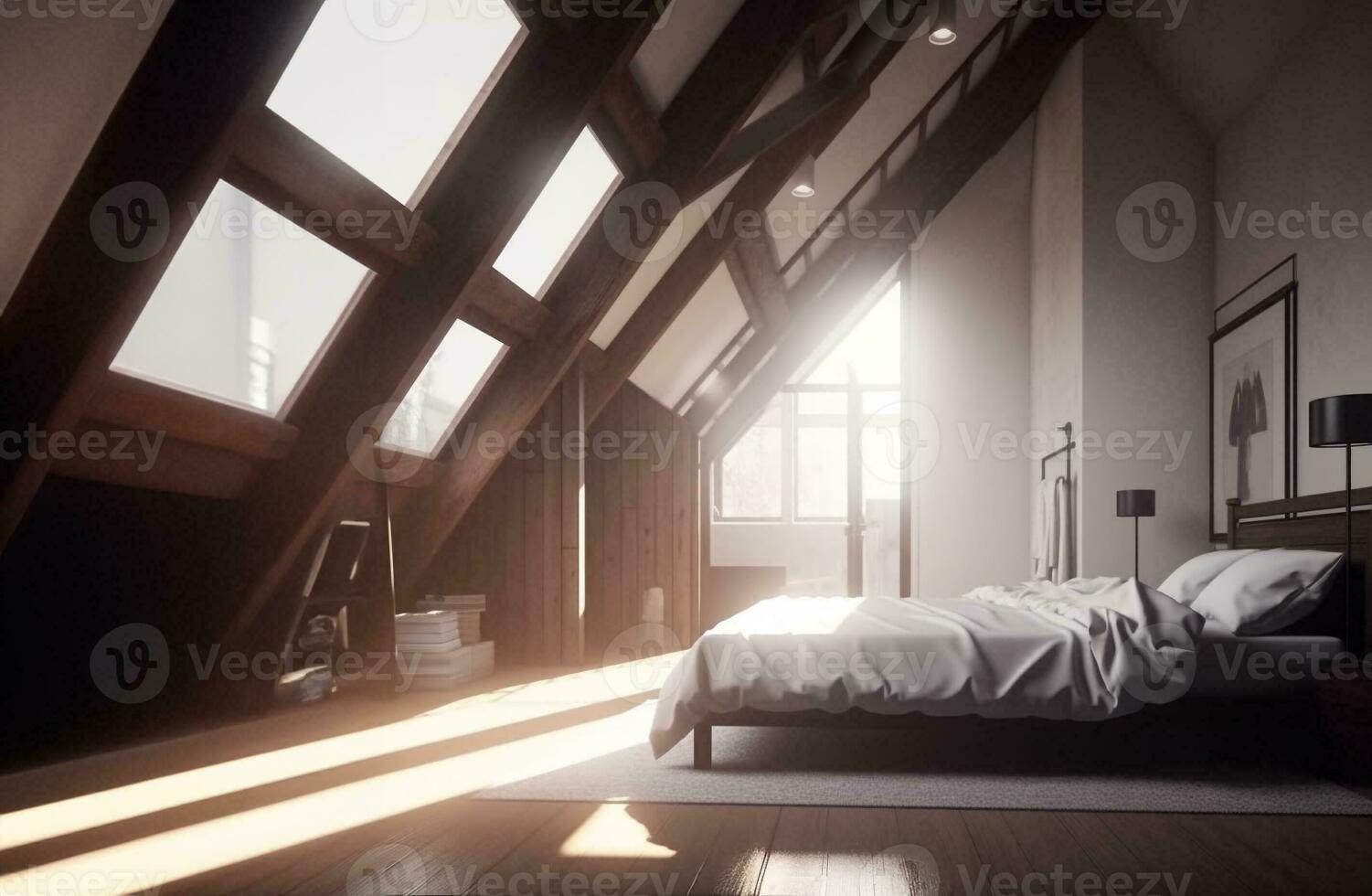 un' semplice e invitante soffitta Camera da letto modello. ai generativo. foto