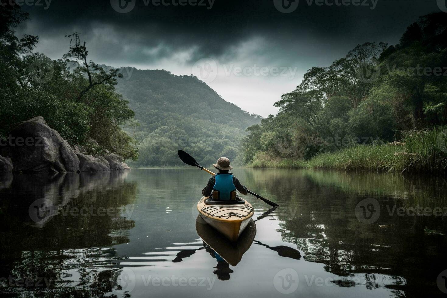 illustrazione di estate acqua gli sport kayak nel un' silenzioso fiume circondato di lussureggiante verde. ai generativo. foto