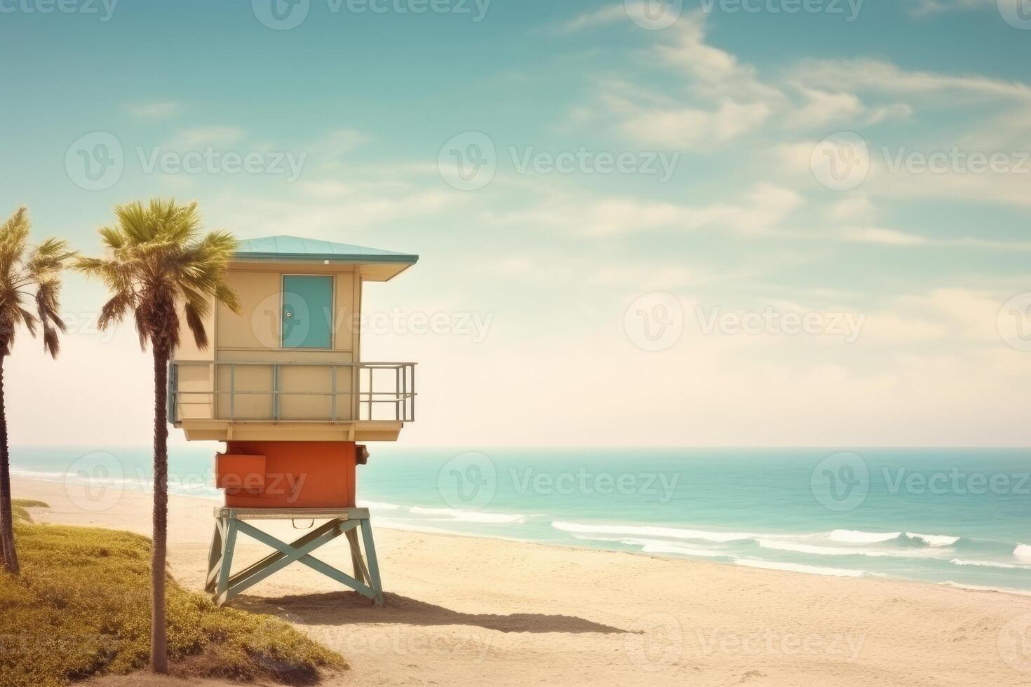 spiaggia con palma albero e vita guardia Torre di il mare. generativo ai foto