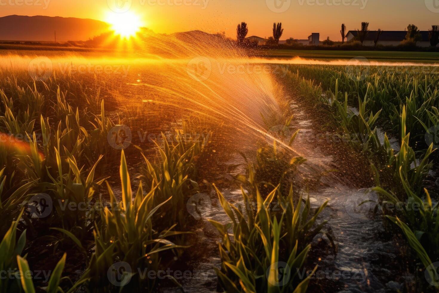 acqua getti acqua giovane spara su il campo a tramonto con bellissimo bagliore irrigazione. generativo ai foto