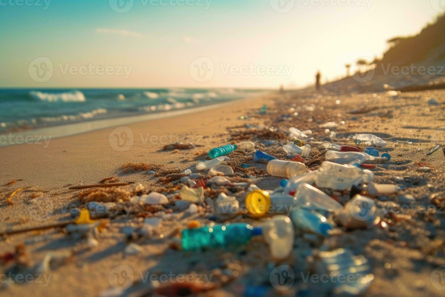 rovesciato spazzatura su spiaggia. ambientale inquinamento. ecologico problema. generativo ai foto