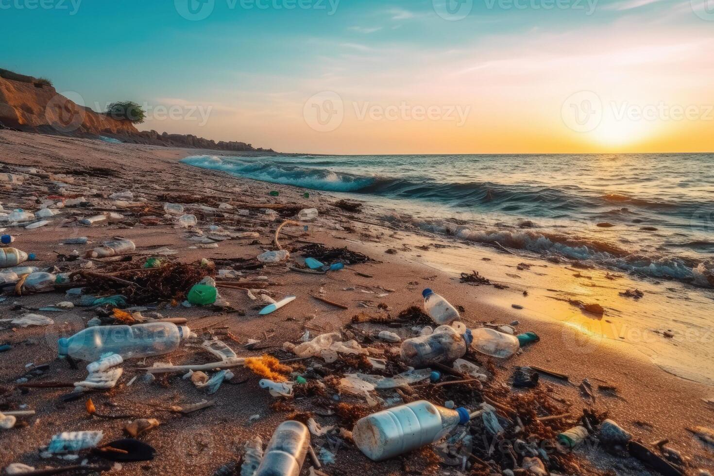 rovesciato spazzatura su spiaggia. ambientale inquinamento. ecologico problema. generativo ai foto