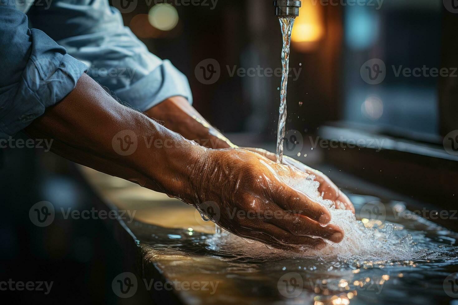 mani di anziano uomo lavare loro mani nel un' Lavello con schiuma. generativo ai foto