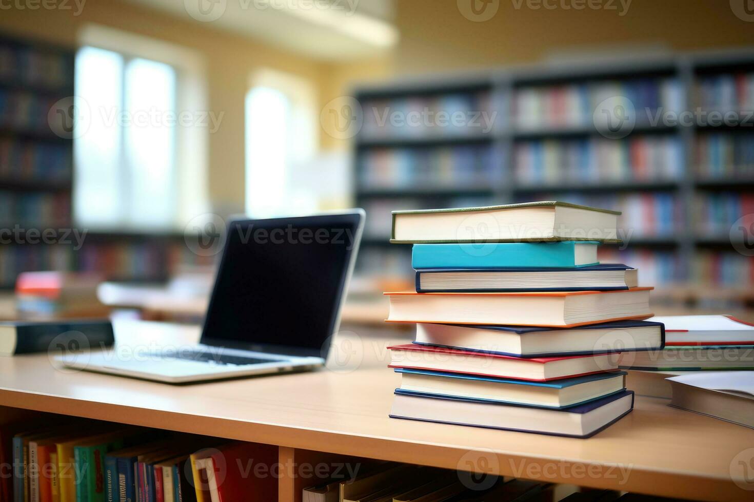 formazione scolastica concetto con il computer portatile e libri pila con biblioteca sfondo. generativo ai foto