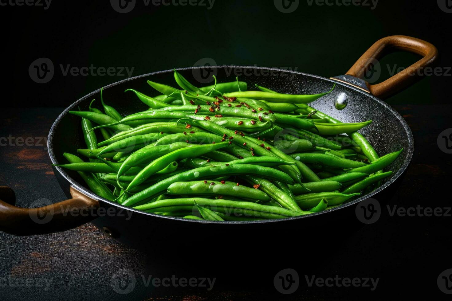 verde fagioli nel un' frittura padella. generativo ai foto