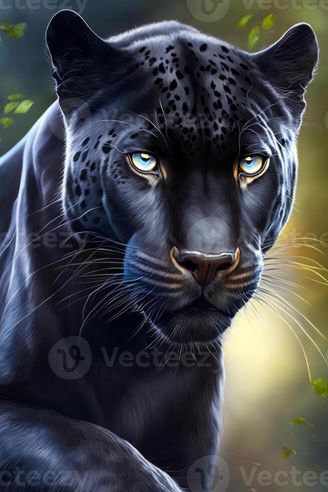 Immagine di nero leopardo con blu occhi e leopardo piace Guarda su suo viso. generativo ai foto