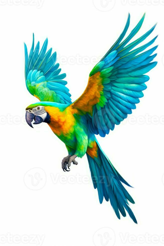 colorato pappagallo volante attraverso il aria con suo Ali diffusione su e è Ali differenza. generativo ai foto