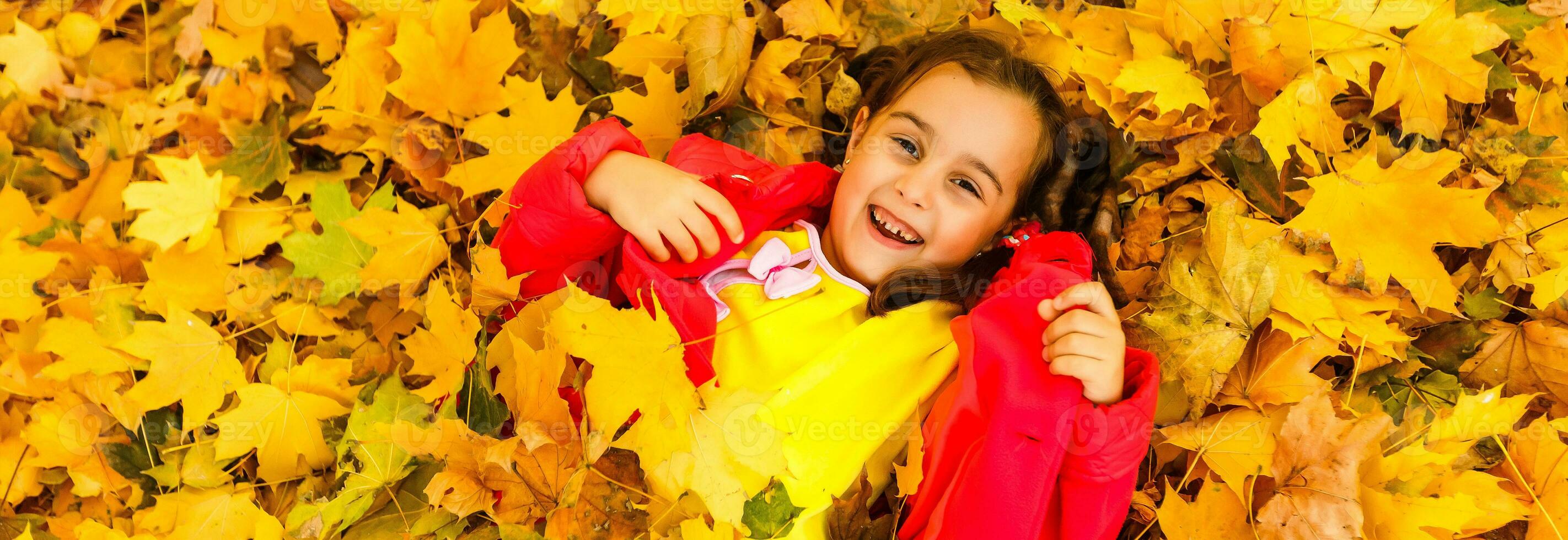 contento poco ragazza bugie nel giallo le foglie nel autunno parco foto