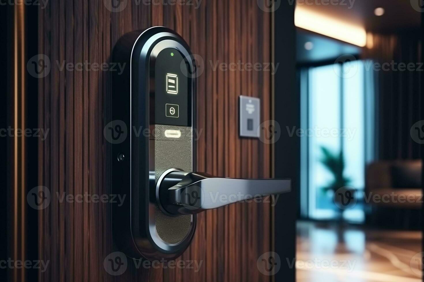 bloccaggio serratura intelligente su il Ingresso porta utilizzando un' inteligente Telefono a distanza. concetto di utilizzando inteligente elettronico serrature con keyless accesso generativo ai foto