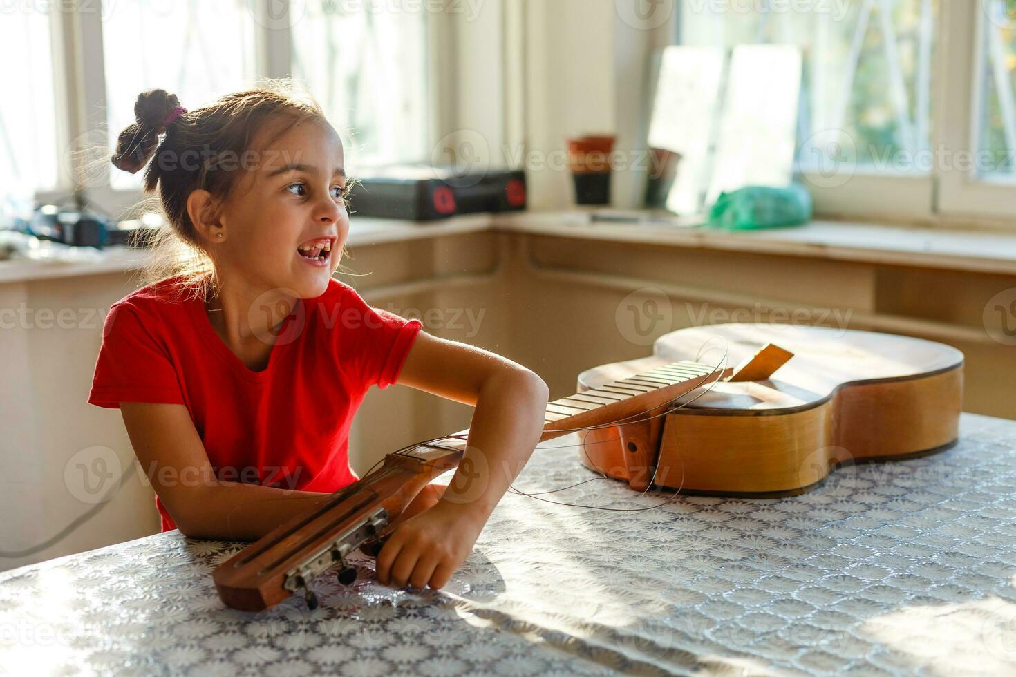 avvicinamento stringhe di un' rotto chitarra. rotto musica strumento foto