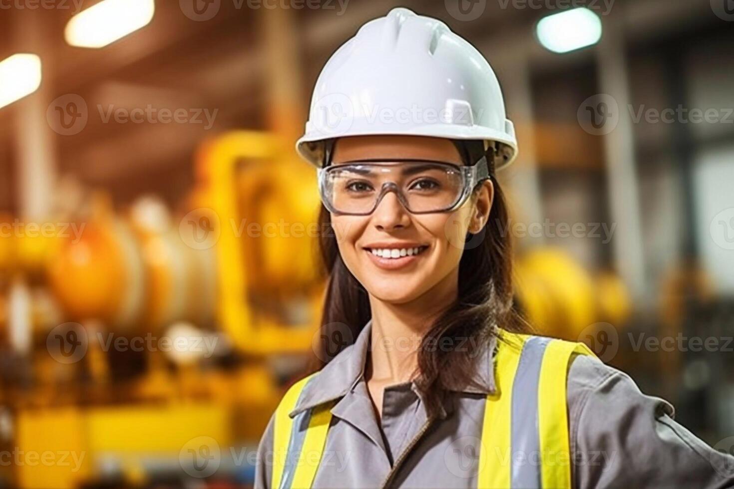 vicino su ritratto femmina industriale robotica ingegnere Tenere walkie talkie e tavoletta guardare a telecamera. donna tecnico moderno fabbrica 4.0, tecnico supervisore di il robot generativo ai foto