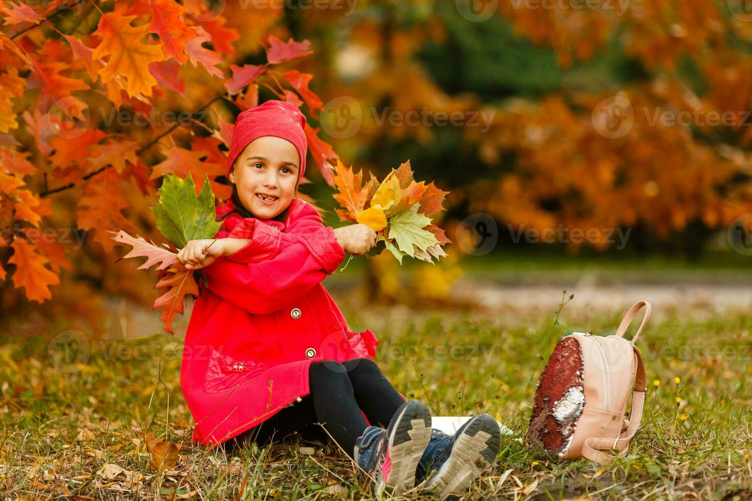 adorabile poco ragazza con autunno le foglie nel il bellezza parco foto