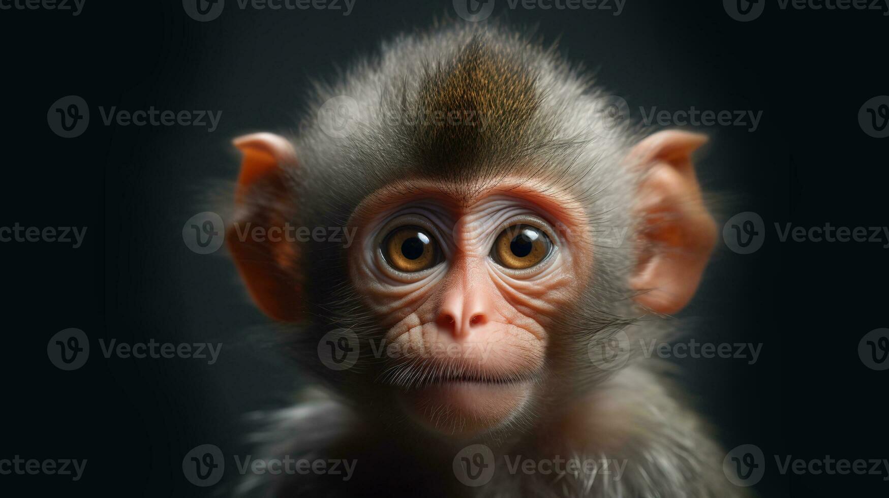 avvicinamento ritratto di un' piccolo scimmia. Bengala macaco su un' nero sfondo. selvaggio esotico animale su un' orizzontale striscione. generativo ai. foto