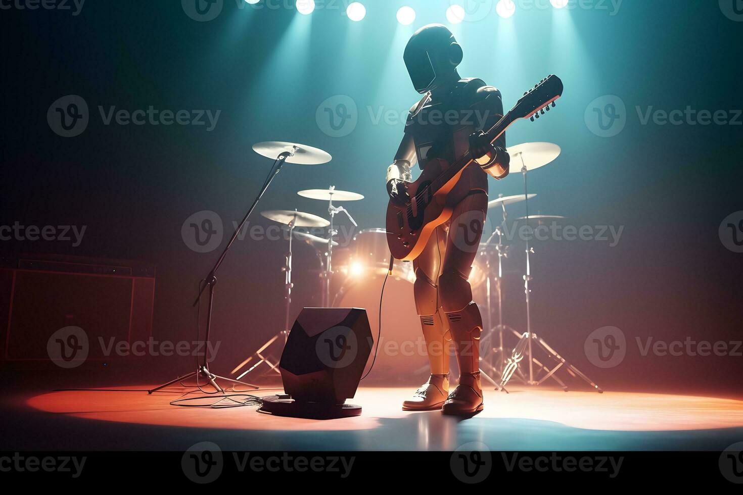 ai robot musicista giocando chitarra. futuristico divertimento su palcoscenico. ai generato foto