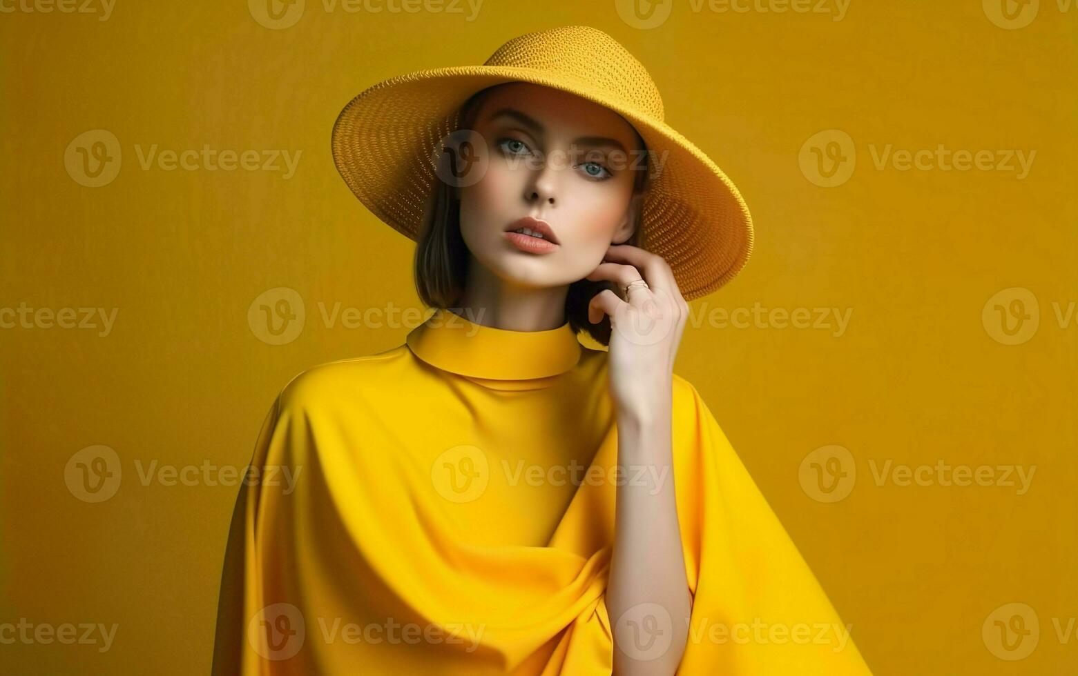 ritratto di un' giovane ragazza indossare un' giallo cappello e un' giallo poncho su giallo sfondo. ai, generativo ai foto