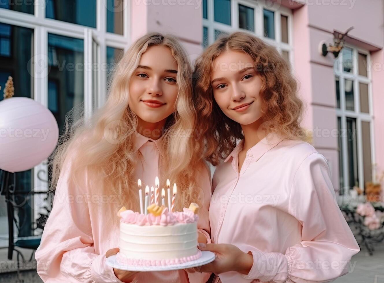 Due bellissimo ragazze nel rosa vestito con compleanno torta su il sfondo di il città. ai generato foto