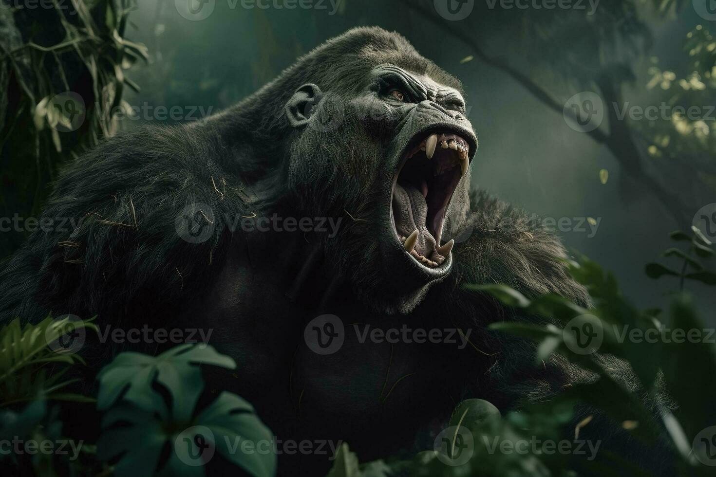 arrabbiato aggressivo scimmia gorilla nel giungla. urlando re kong nel foresta. generativo ai animale illustrazione foto
