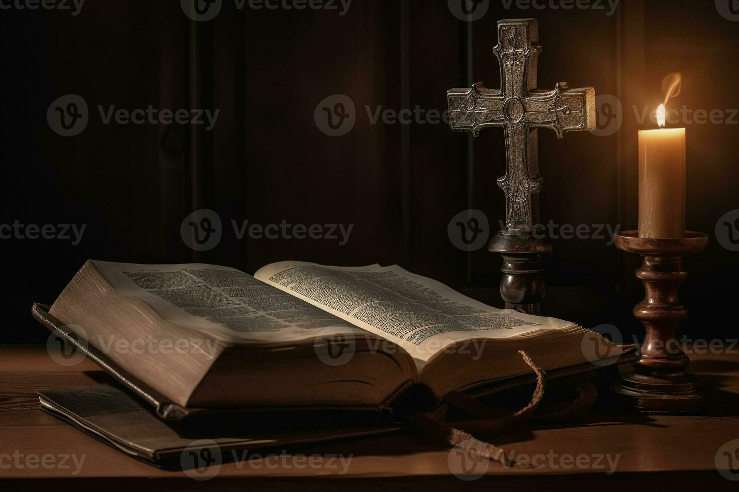santo religioso antico libro Bibbia, attraversare e ardente candela su di legno tavolo. generativo ai foto