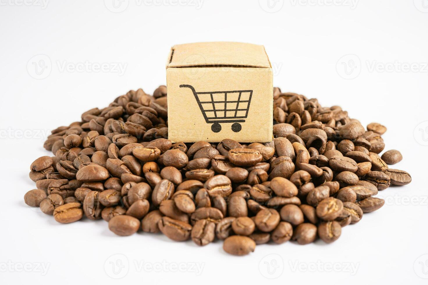 scatola con il simbolo del logo del carrello della spesa sui chicchi di caffè, import export shopping online o e-commerce servizio di consegna negozio spedizione del prodotto, commercio, concetto di fornitore. foto