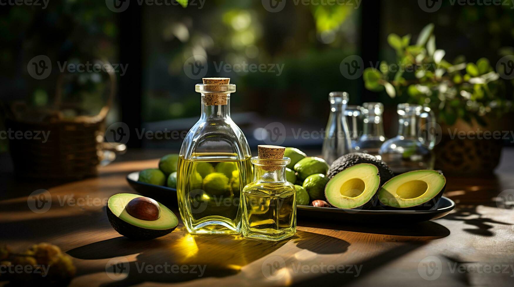 avocado olio su un' tavolo nel un' bicchiere bottiglia su un' sfondo di verdura generativo ai foto