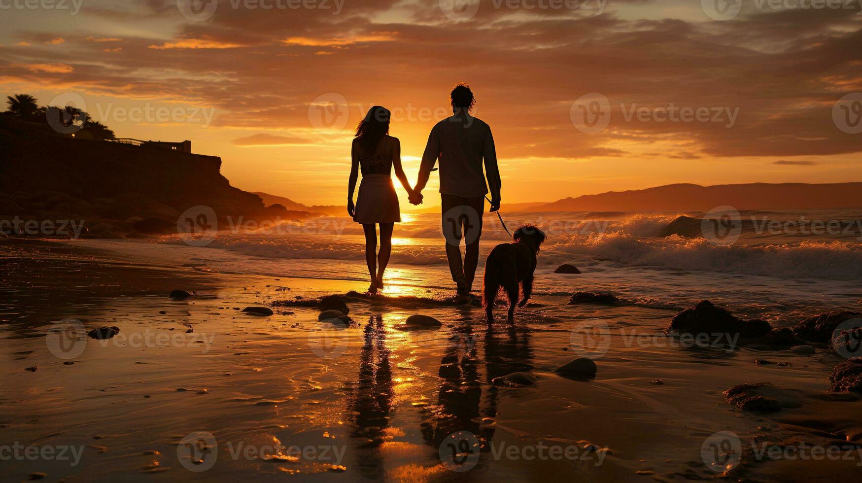 romantico camminare con il cane a tramonto su il oceano generativo ai foto