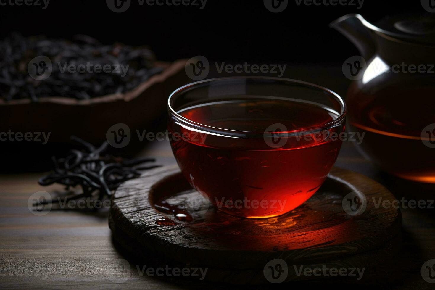 intenso tè nel bicchiere tazza su asse, da hong pao Cinese tè cerimonia. generativo ai foto
