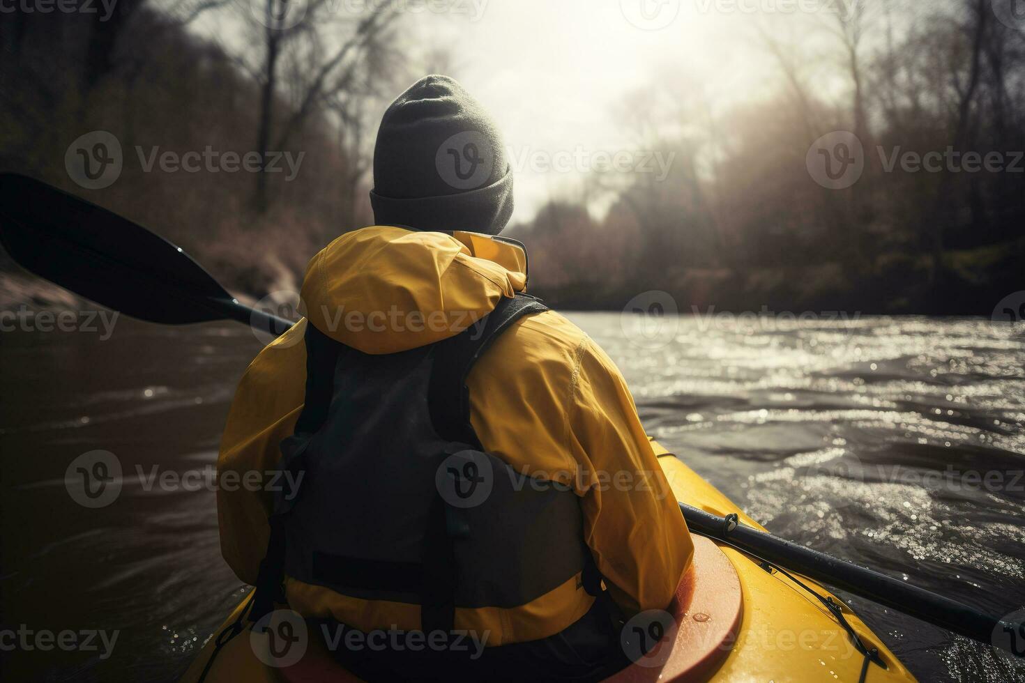 kayak, gli sport ricreazione, sport acquatico. posteriore Visualizza di uomo nel giallo giacca e cappello Tenere remi nel barca su fiume. generativo ai foto