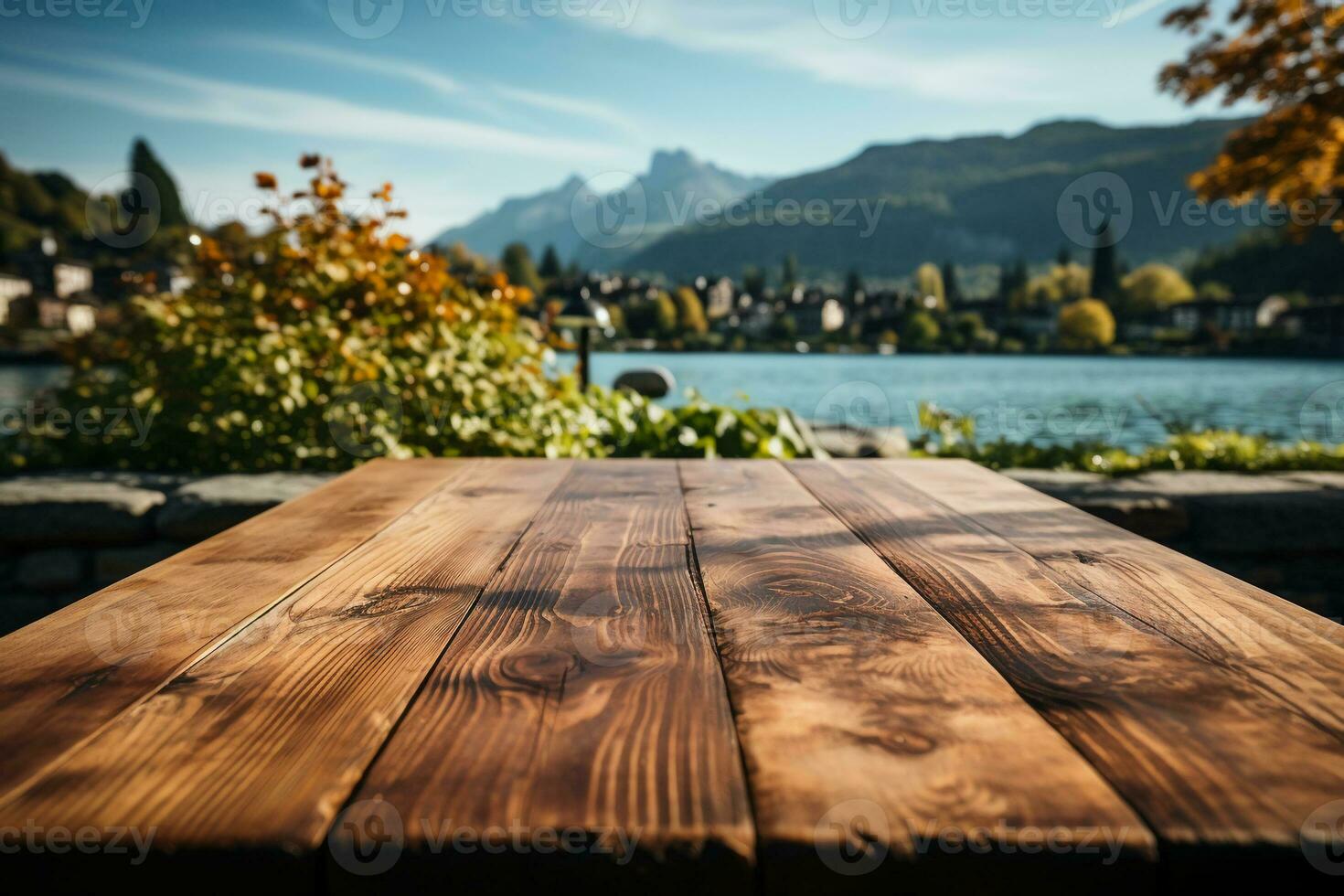 legna tavolo su vicino su lago sfocatura su il sfondo. naturale pomeriggio luce del sole. ai generativo foto