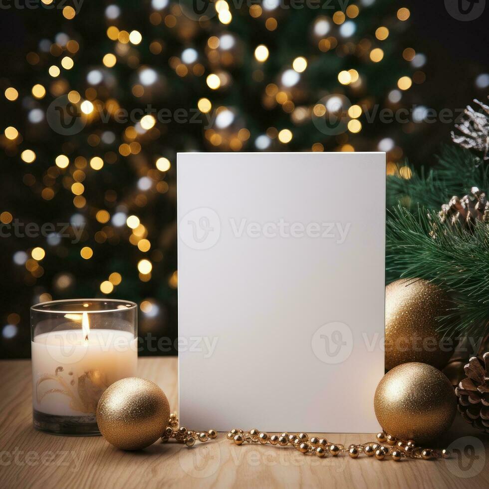vuoto bianca saluto carta modello, bellissimo sfondo decorato per Natale foto