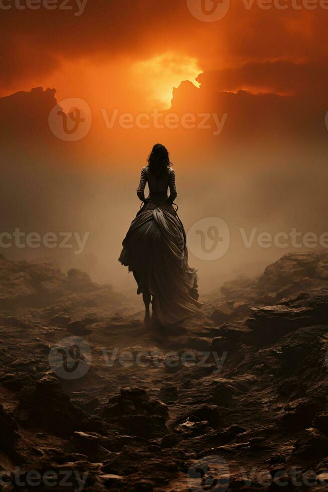 crepuscolo Afrodite equitazione un' cavallo su il bordo di il abisso nel strutturato megatrash a pois stile. ai generativo foto