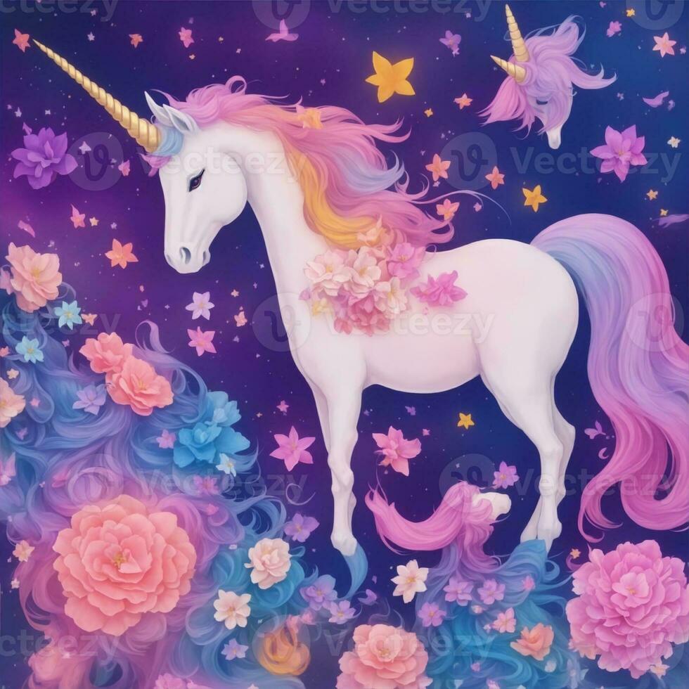 il unicorno con un' varietà di colorato fiori cuori e stelle foto