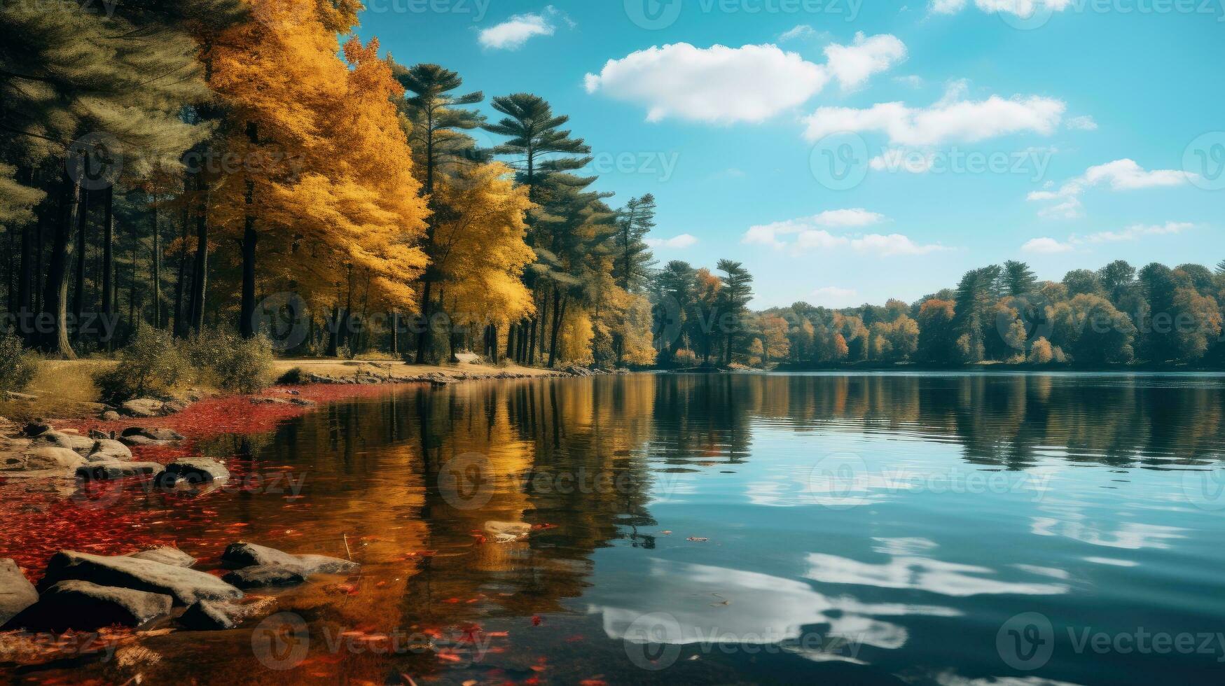 bellissimo lago con alberi e blu cielo ai generato foto