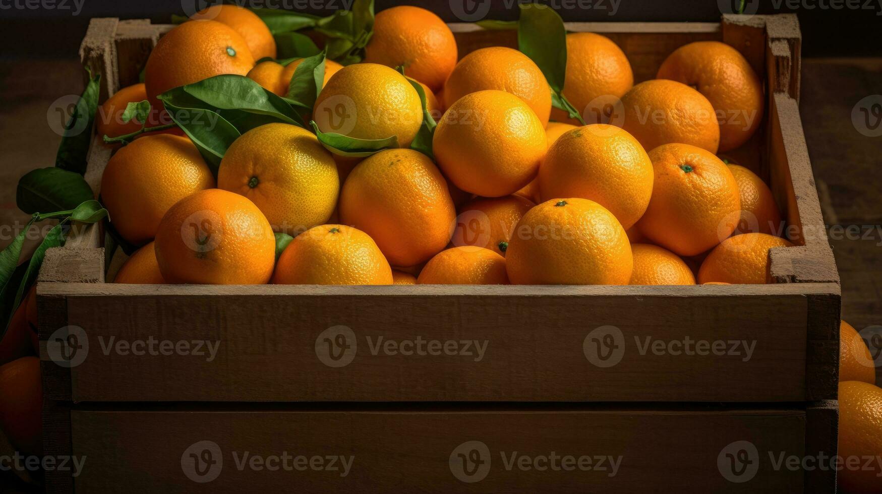 fresco arance nel di legno scatola ai generato foto