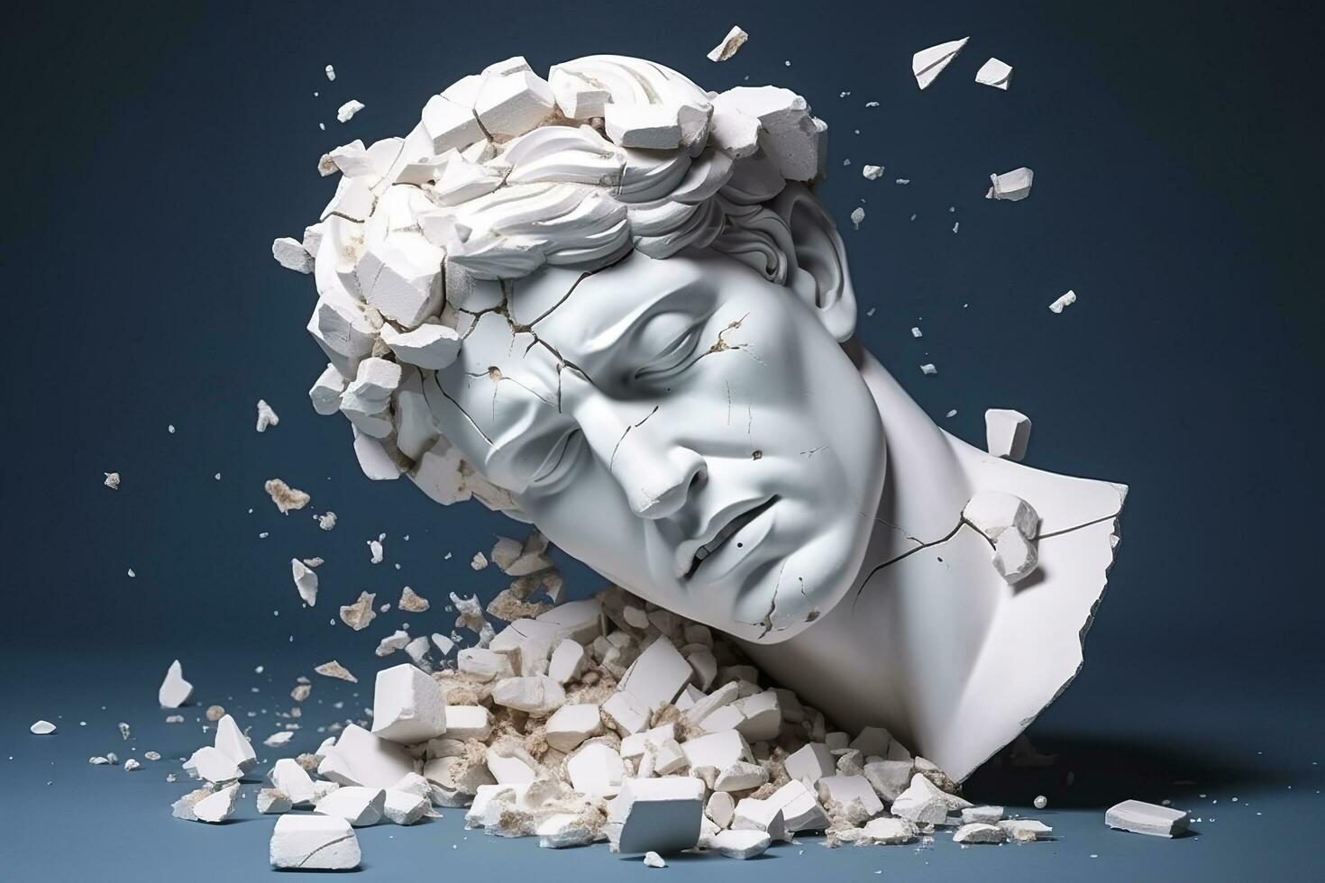 rotto antico greco statua testa caduta nel pezzi. rotto marmo scultura, screpolatura rompersi, concetto di depressione, memoria perdita, mentalità perdita o malattia. ai generativo foto