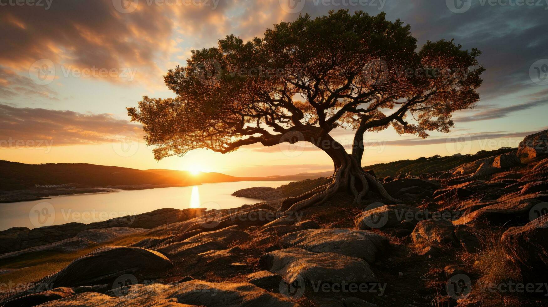 albero su collina con il tramonto ai generato foto