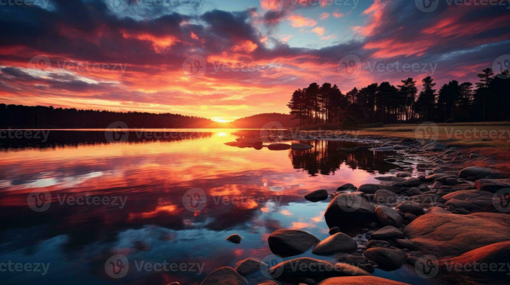 tramonto al di sopra di un' lago ai generato foto