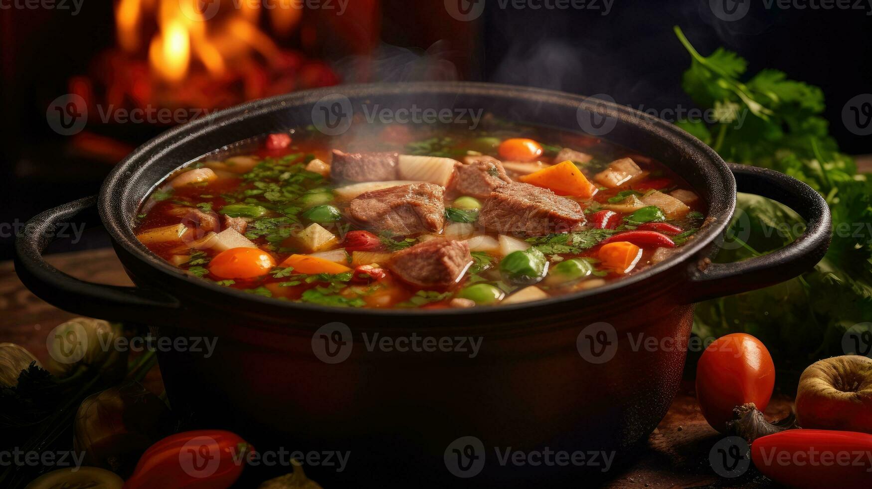 pentola di la minestra con carne e verdure ai generato foto