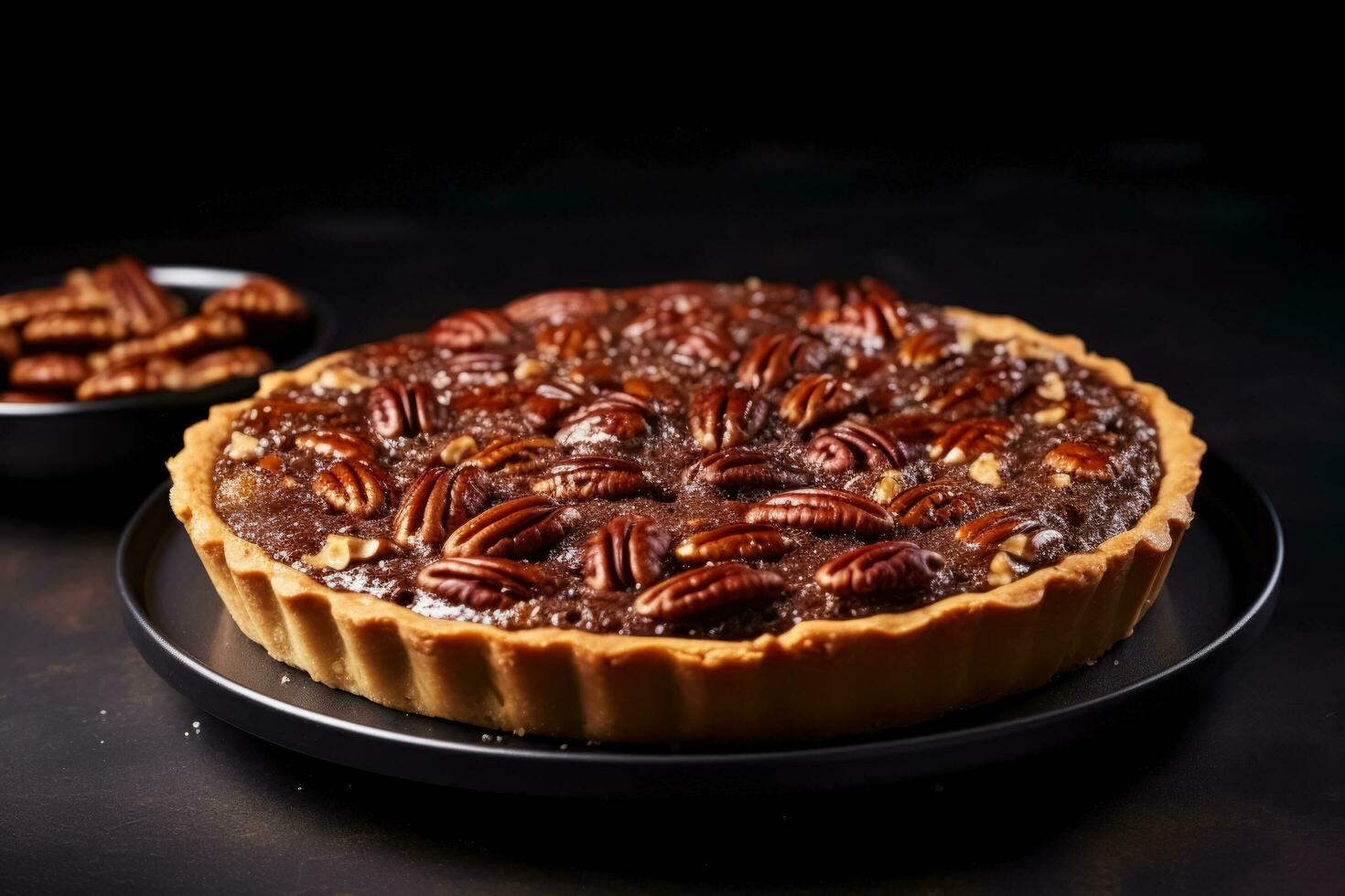 delizioso pecan torta buio sfondo con vuoto spazio per testo foto