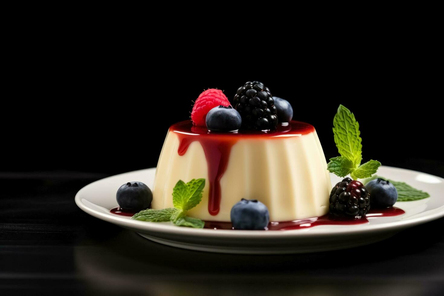 delizioso panna cotta buio sfondo con vuoto spazio per testo foto