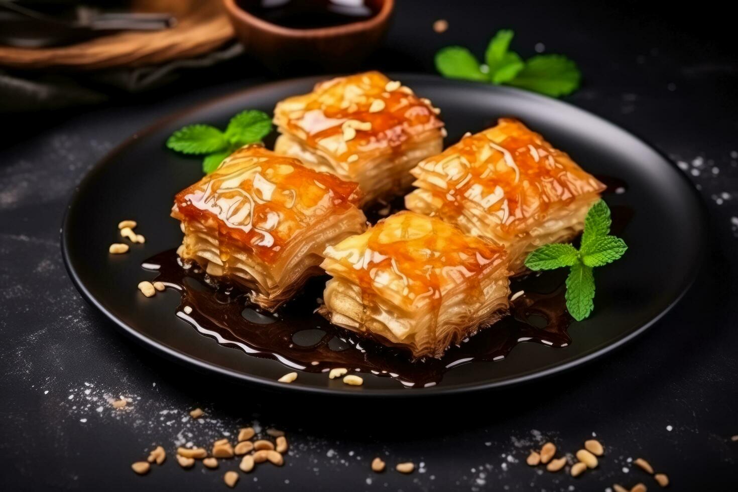 delizioso baklava buio sfondo con vuoto spazio per testo foto