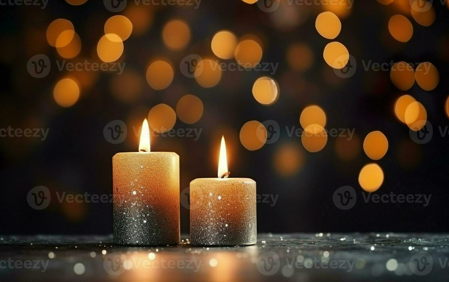 romantico d'oro candele su tavolo con sfocato scintillante bokeh sfondo. Natale luci foto