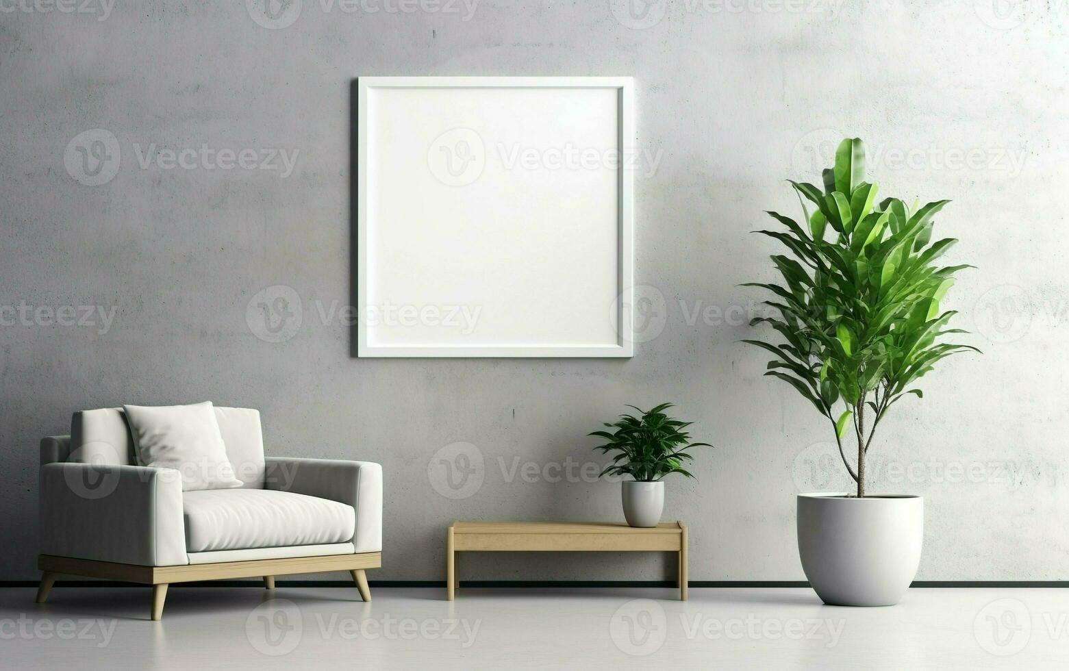 vuoto telaio su il grigio parete con copia spazio nel il vivente camera con un' bianca retrò poltrona, verde impianti su il pavimento lato, caffè tavolo. foto